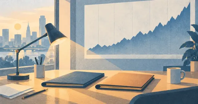 Risograph illustration of a desk with a market chart curve, two investment folders, and a soft window light for BlackRock interview prep