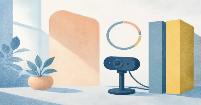 Risograph illustration of a webcam beside stacked programme folders and a countdown ring for Capital One video interview prep