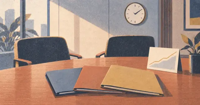 Risograph illustration of a half-day interview panel with folders, a clock, and a rising chart for Capital One Power Day prep