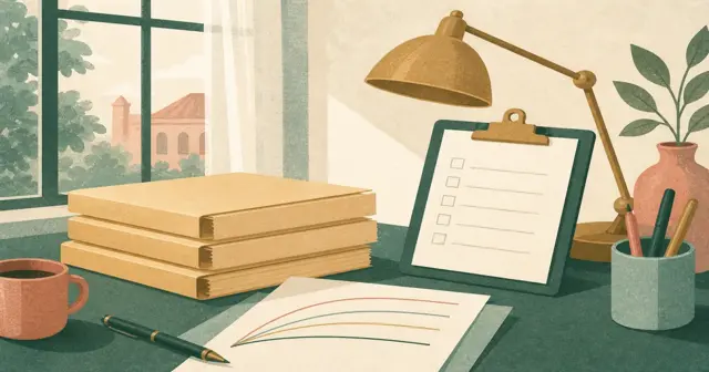 Risograph illustration of fixed-income research folders beside a blank internship checklist on warm parchment
