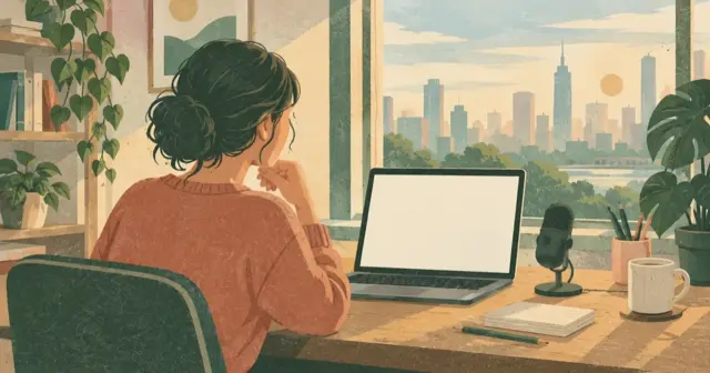 Risograph illustration of a laptop with a recorded interview screen beside a branch skyline and a tidy notepad for PNC interview prep